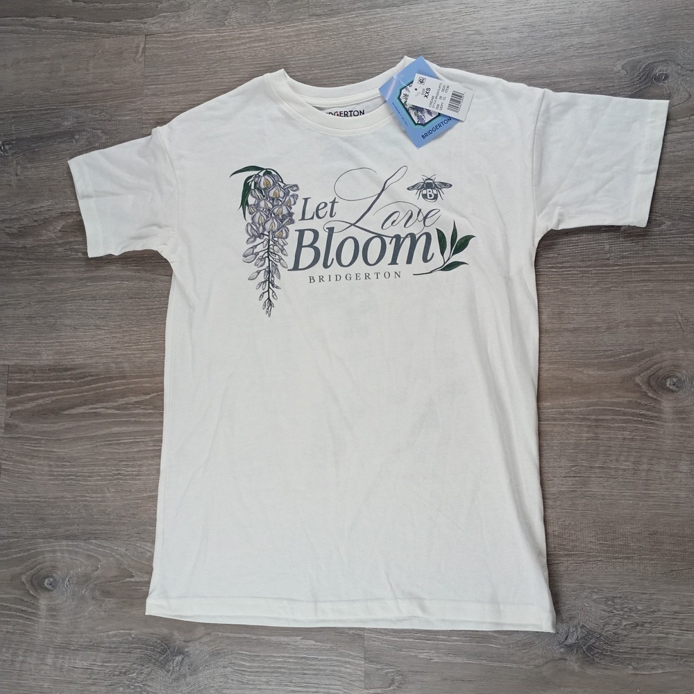 Bridgerton Let Love Bloom Tshirt Cream Floral Netflix XXS‎ Flowers NEW White